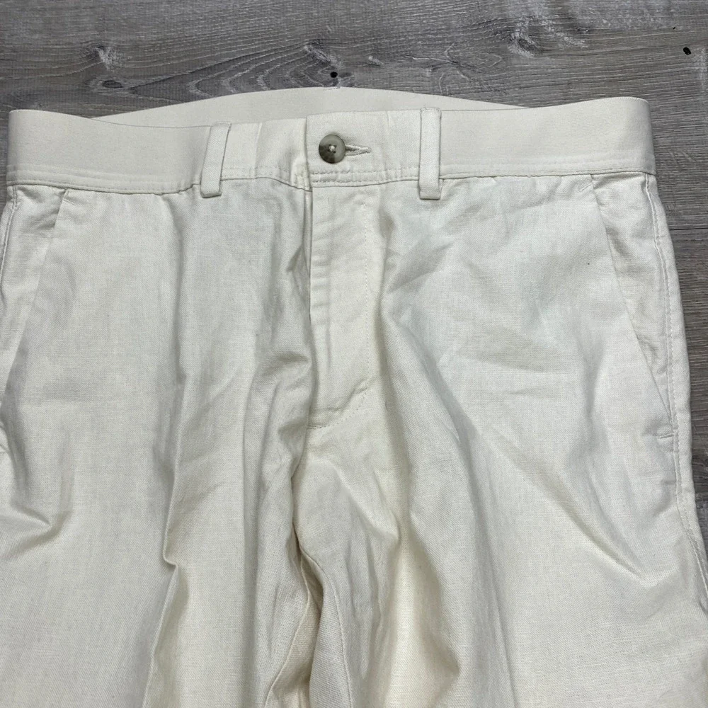 Haggar Comfort Luxe Pant Men 36x30 Cream Linen Blend Straight Fit Wide Leg Beach